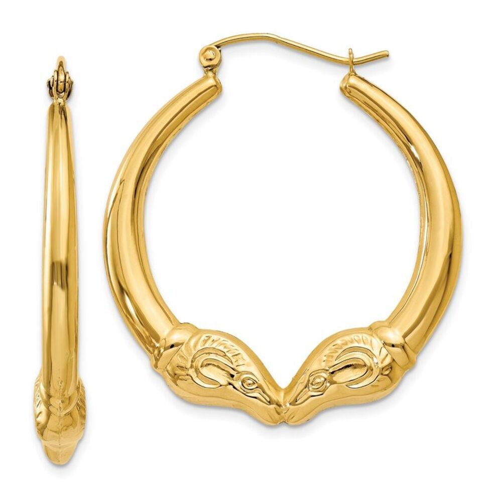 Double Headed Ram Hollow Hoop Earrings in 14k Yellow Gold, 32mm